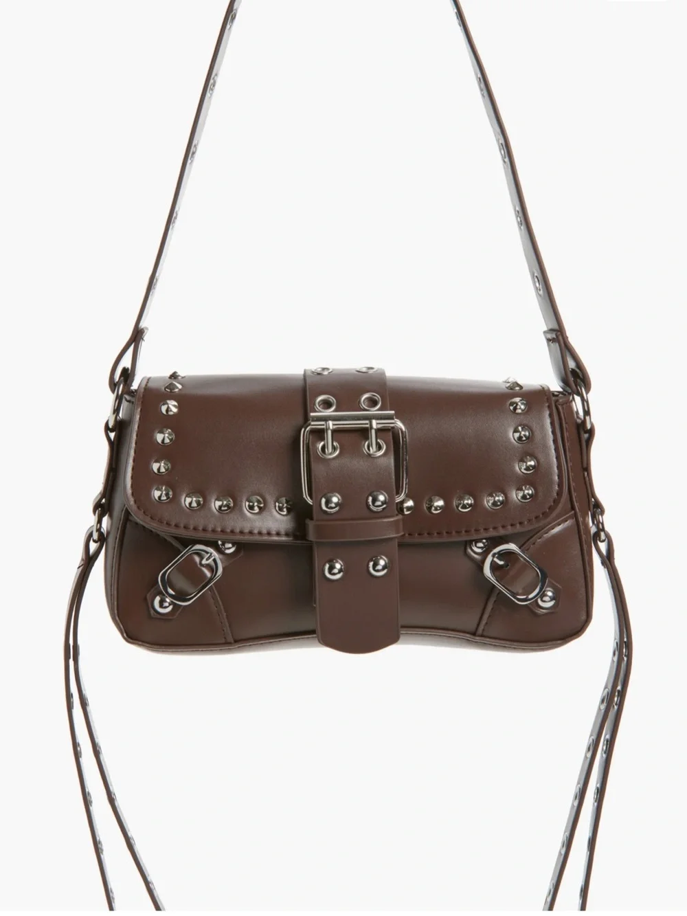 🆕 Brown Buckle Stud Shoulder Hand Bag Purse Silver Rivets Vegan Faux Leather NWT